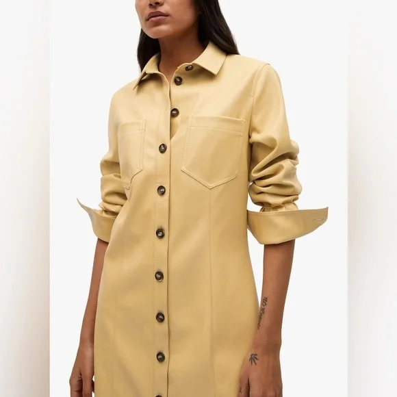 Mango Yellow Faux Leather Shirt Dress sz 2 - Picture 2 of 12